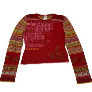 Oilily Vintage Sweater Pullover Cottage Fair Isle Nordic Italy Red Pink XS